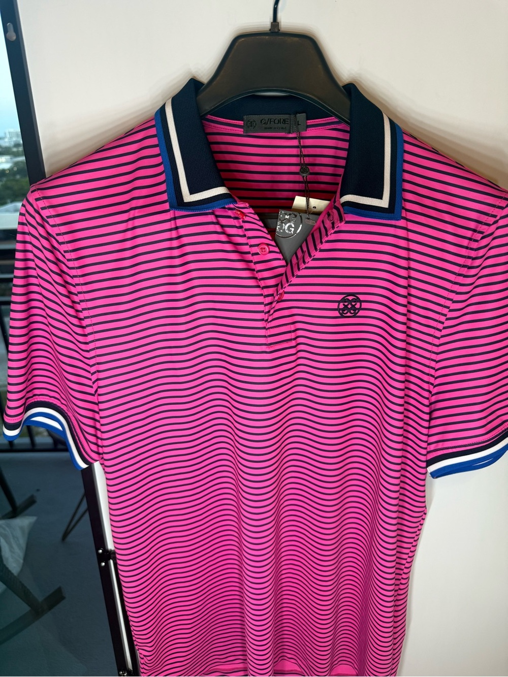 G/FORE Men’s Hot Pink Navy-Trim Striped Polo